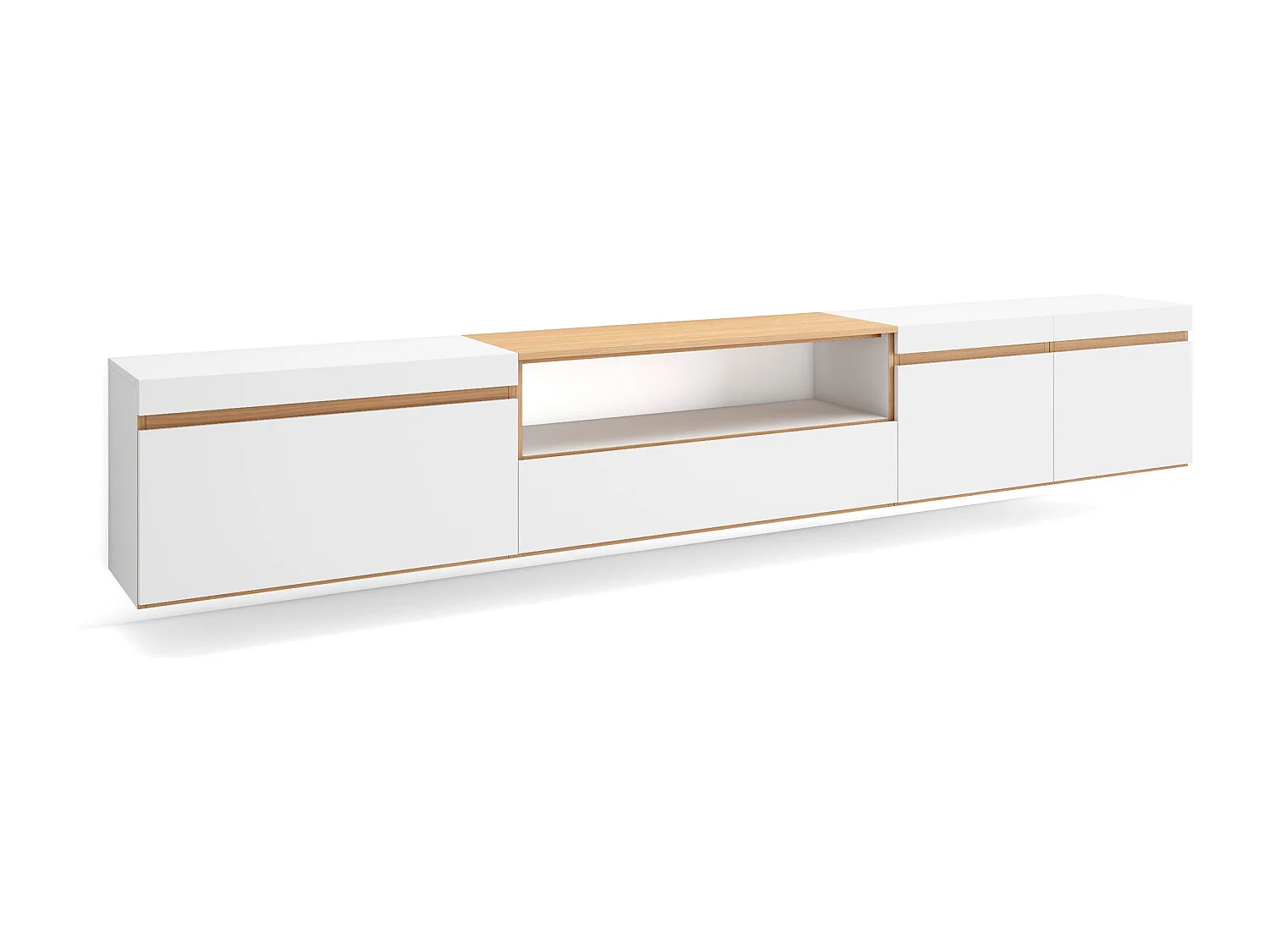 TV-Schrank, Lowboard, 288x35x45 cm, Für großformatiges TV, Hängend, Weiß und Eiche Soft