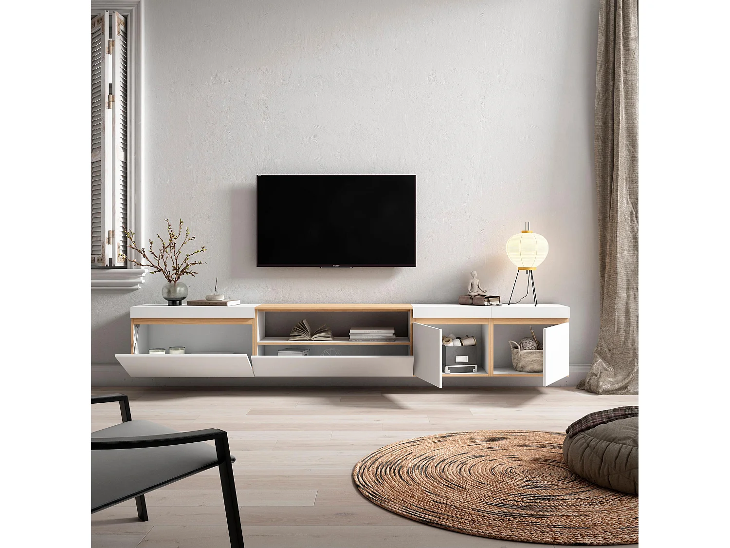 TV-Schrank, Lowboard, 288x35x45 cm, Für großformatiges TV, Hängend, Weiß und Eiche Soft