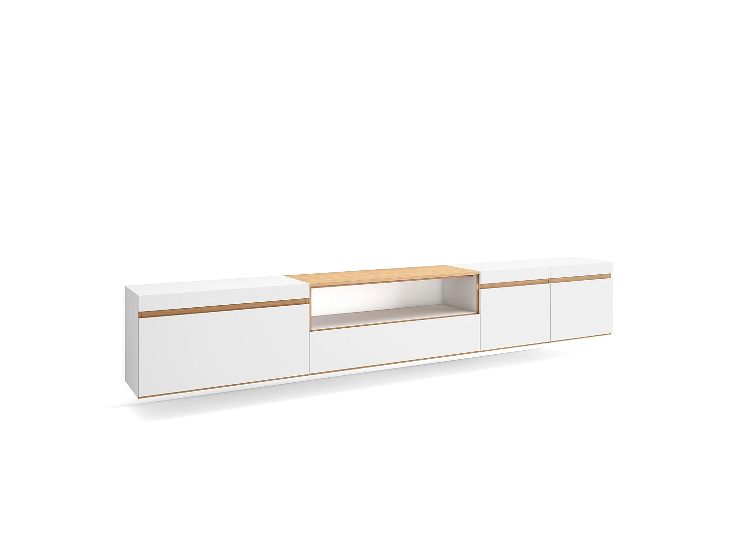 Meuble TV, Banc Télé, 288x35x45cm, TV grand format, Suspendu, Mural, Blanc et Chêne Soft