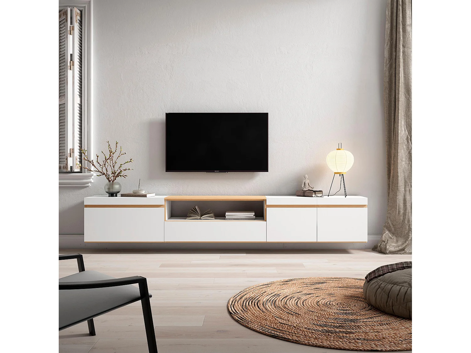 Meuble TV, Banc Télé, 288x35x45cm, TV grand format, Suspendu, Mural, Blanc et Chêne Soft