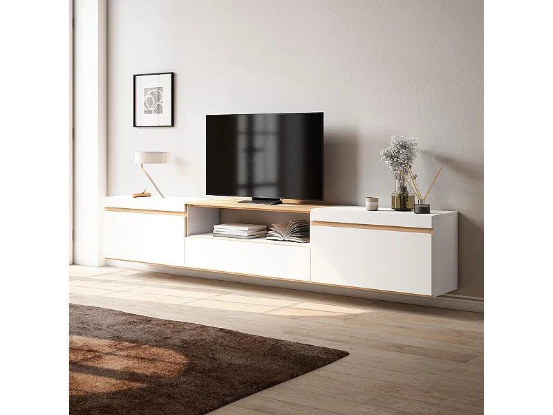 Mobile TV Soggiorno, 260x35x45cm, TV di grande formato, Sospeso, da appendere, Bianco e Rovere soft