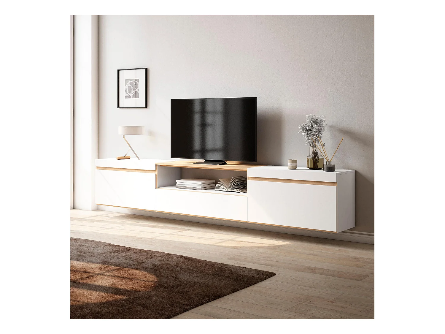 Meuble TV, Banc Télé, 260x35x45cm, TV grand format, Suspendu, Mural, Blanc et Chêne Soft