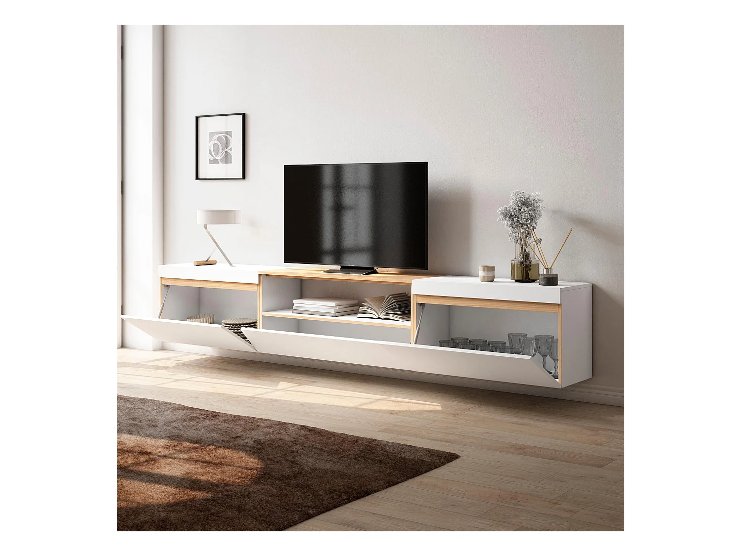 Meuble TV, Banc Télé, 260x35x45cm, TV grand format, Suspendu, Mural, Blanc et Chêne Soft