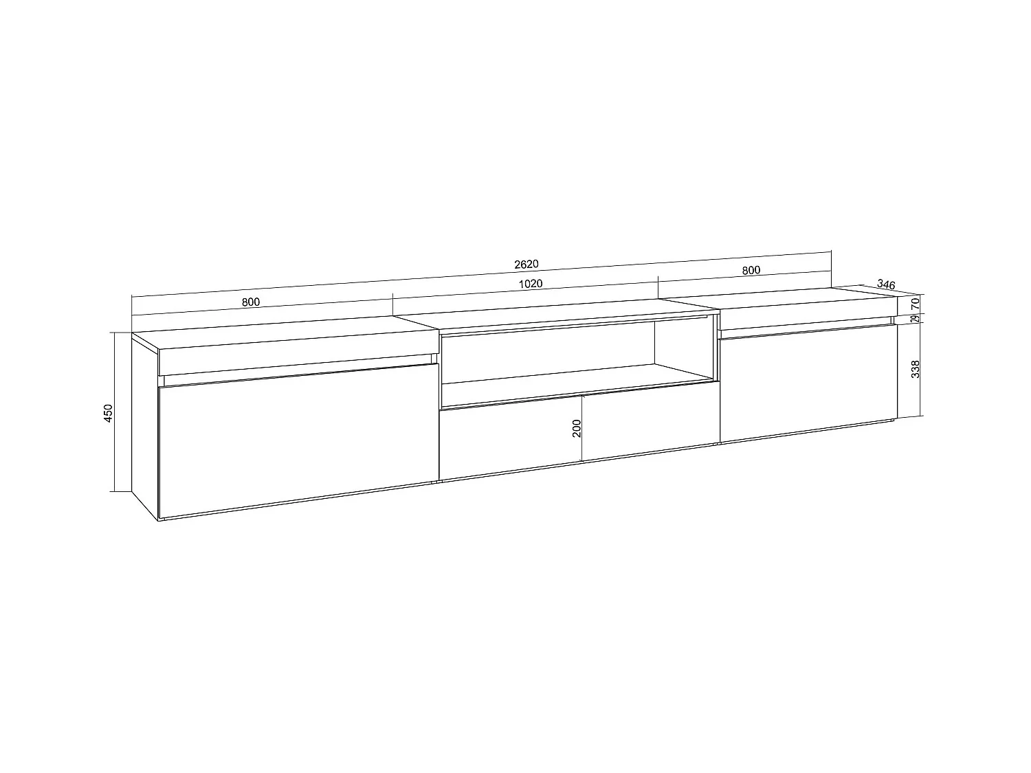 Meuble TV, Banc Télé, 260x35x45cm, TV grand format, Suspendu, Mural, Blanc et Chêne Soft