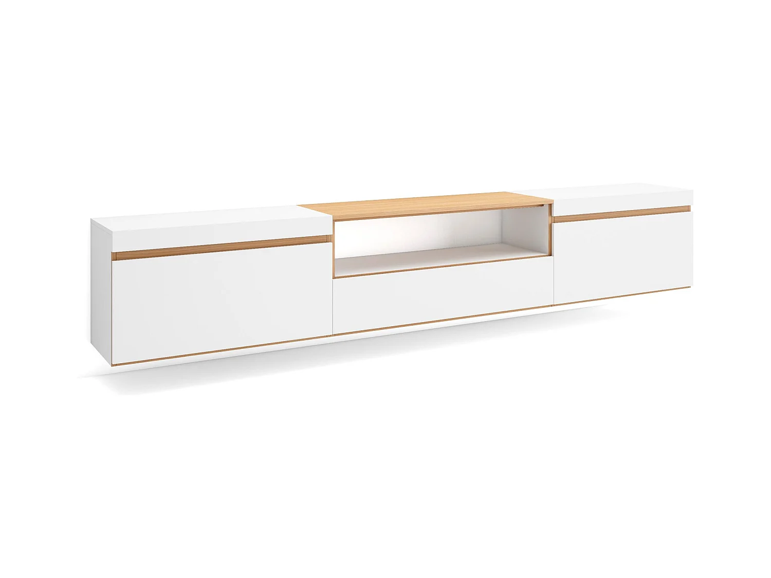 Meuble TV, Banc Télé, 260x35x45cm, TV grand format, Suspendu, Mural, Blanc et Chêne Soft