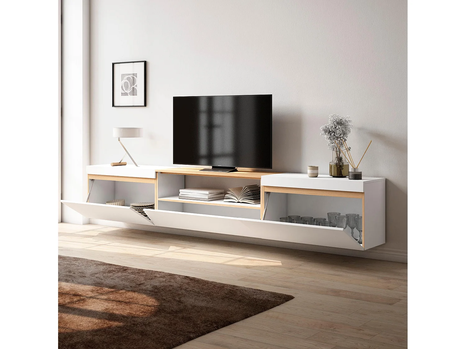 Móvel de TV, 260x35x45cm, TV de grande formato, Suspensos, Branco e Carvalho soft