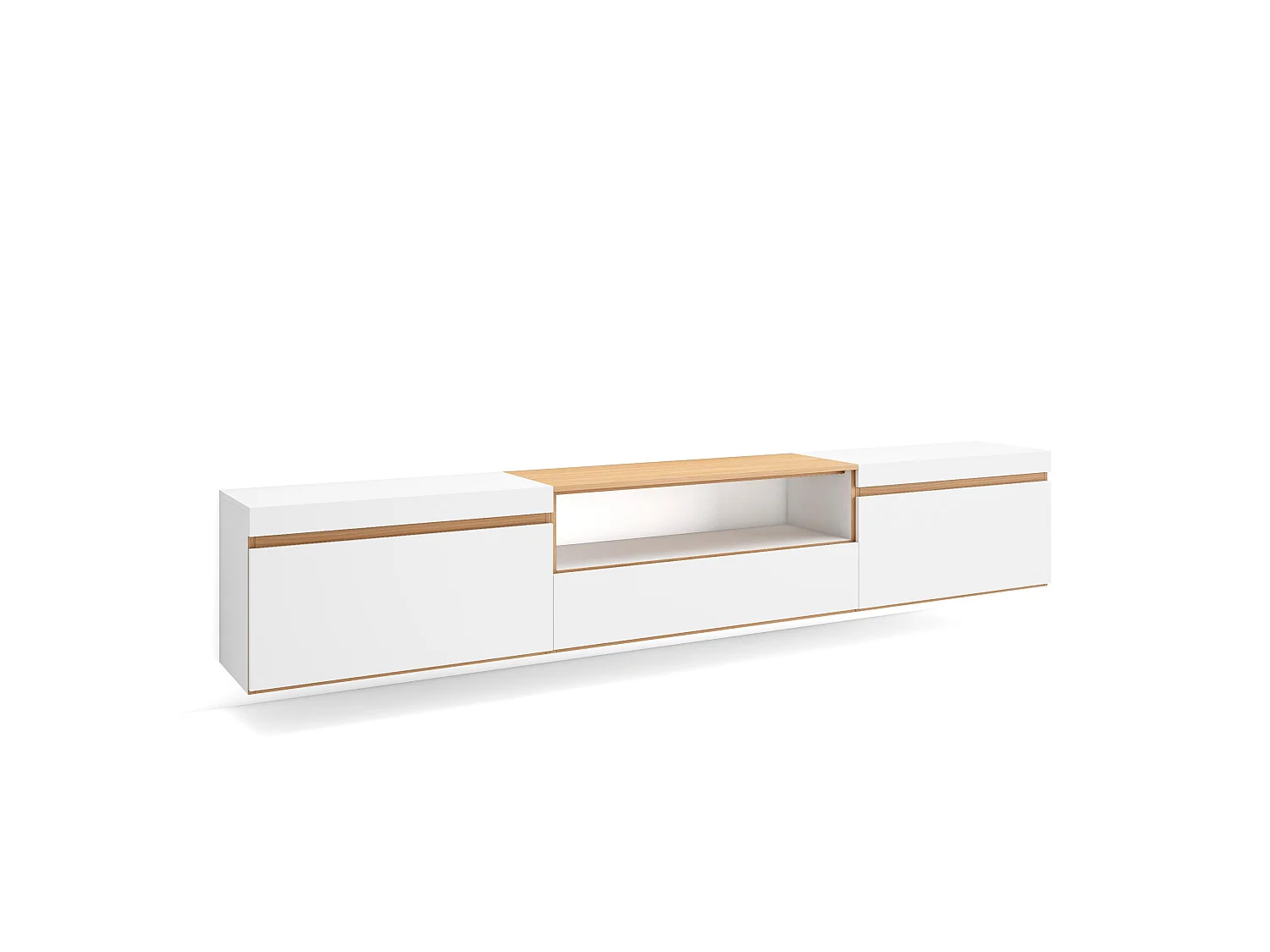 Meuble TV, Banc Télé, 260x35x45cm, TV grand format, Suspendu, Mural, Blanc et Chêne Soft