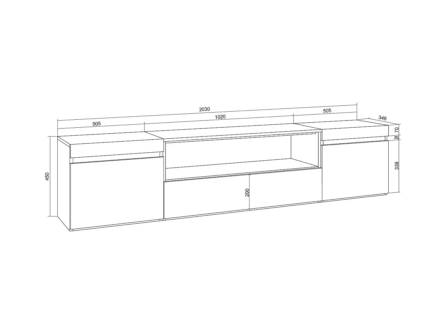 TV-Meubel, Lowboard, 200x45x35cm, Voor tv's tot 80", Hangend, Eiken soft en Wit