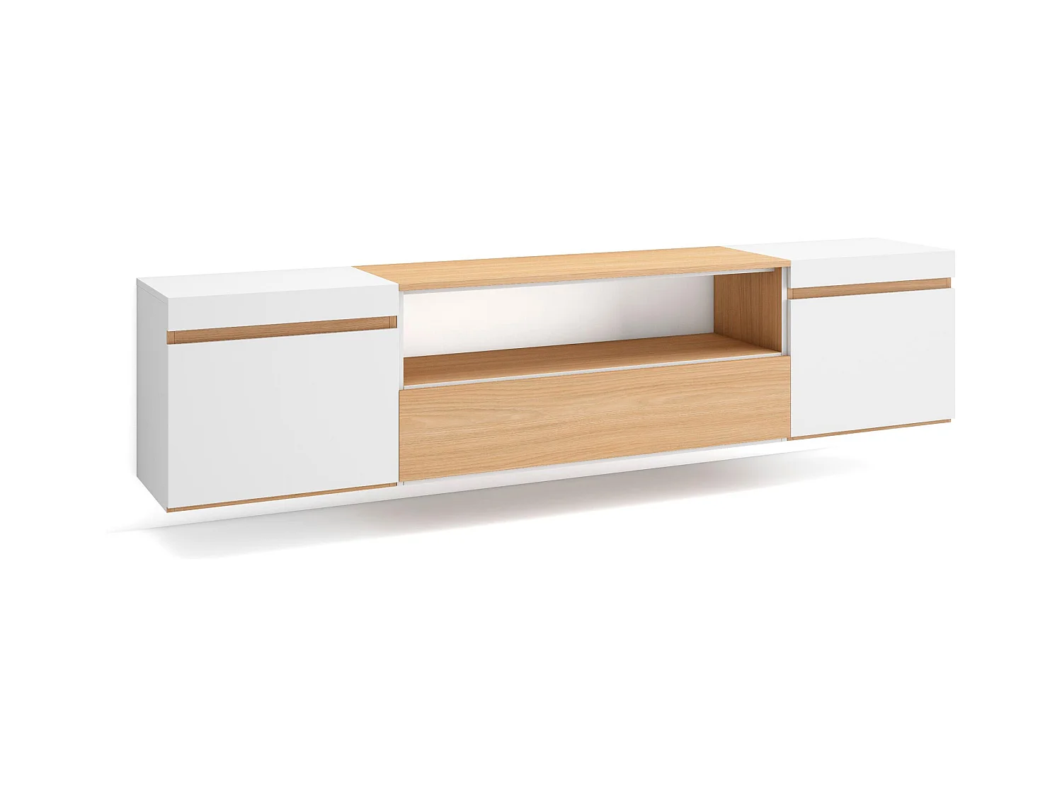 Meuble TV, Banc Télé, 200x35x45cm, Pour les TV jusqu'à 80", Suspendu, Mural, Chêne soft et blanc