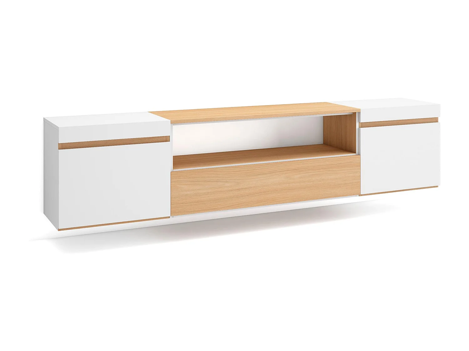 Meuble TV, Banc Télé, 200x35x45cm, Pour les TV jusqu'à 80", Suspendu, Mural, Chêne soft et blanc