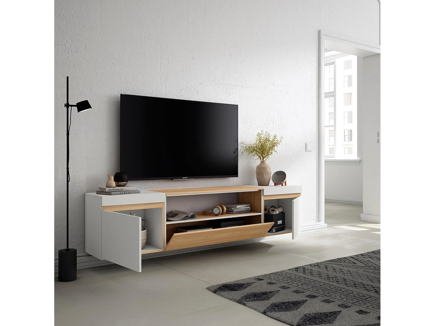 Meuble TV, Banc Télé, 200x35x45cm, Pour les TV jusqu'à 80", Suspendu, Mural, Chêne soft et blanc