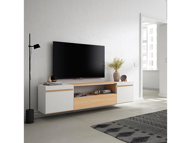 Móvel de TV, 200x35x45cm, Para televisores até 80", Suspensos, Carvalho soft e branco