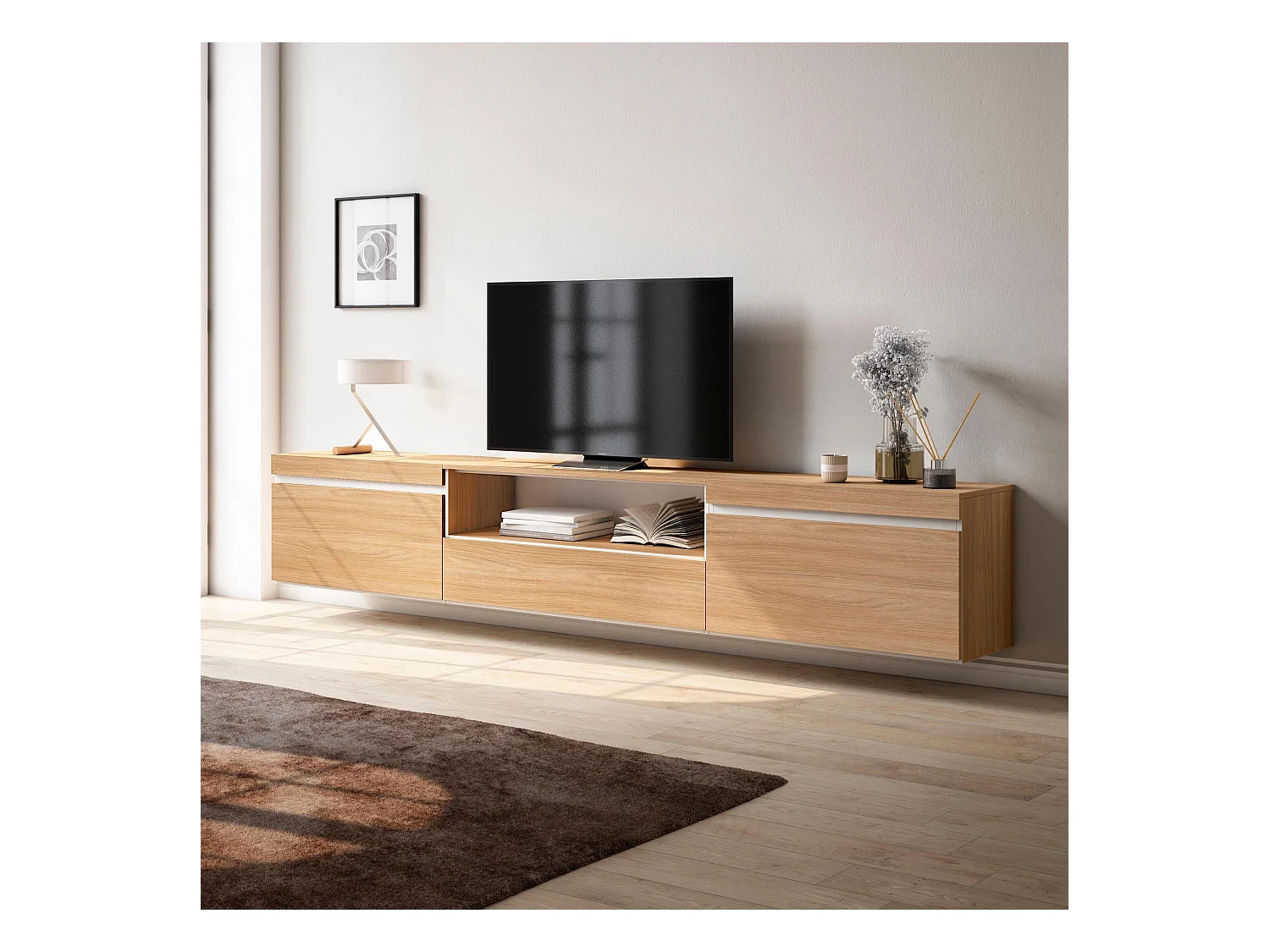 Mobile TV Soggiorno, 260x35x45cm, TV di grande formato, Sospeso, da appendere, Rovere soft e bianco