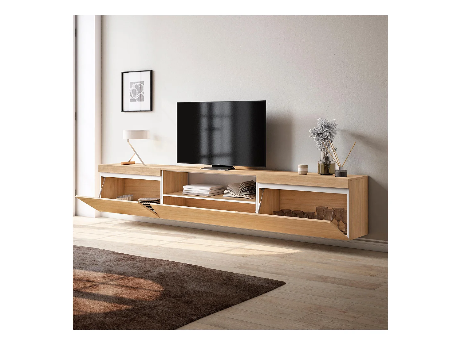 Mobile TV Soggiorno, 260x35x45cm, TV di grande formato, Sospeso, da appendere, Rovere soft e bianco