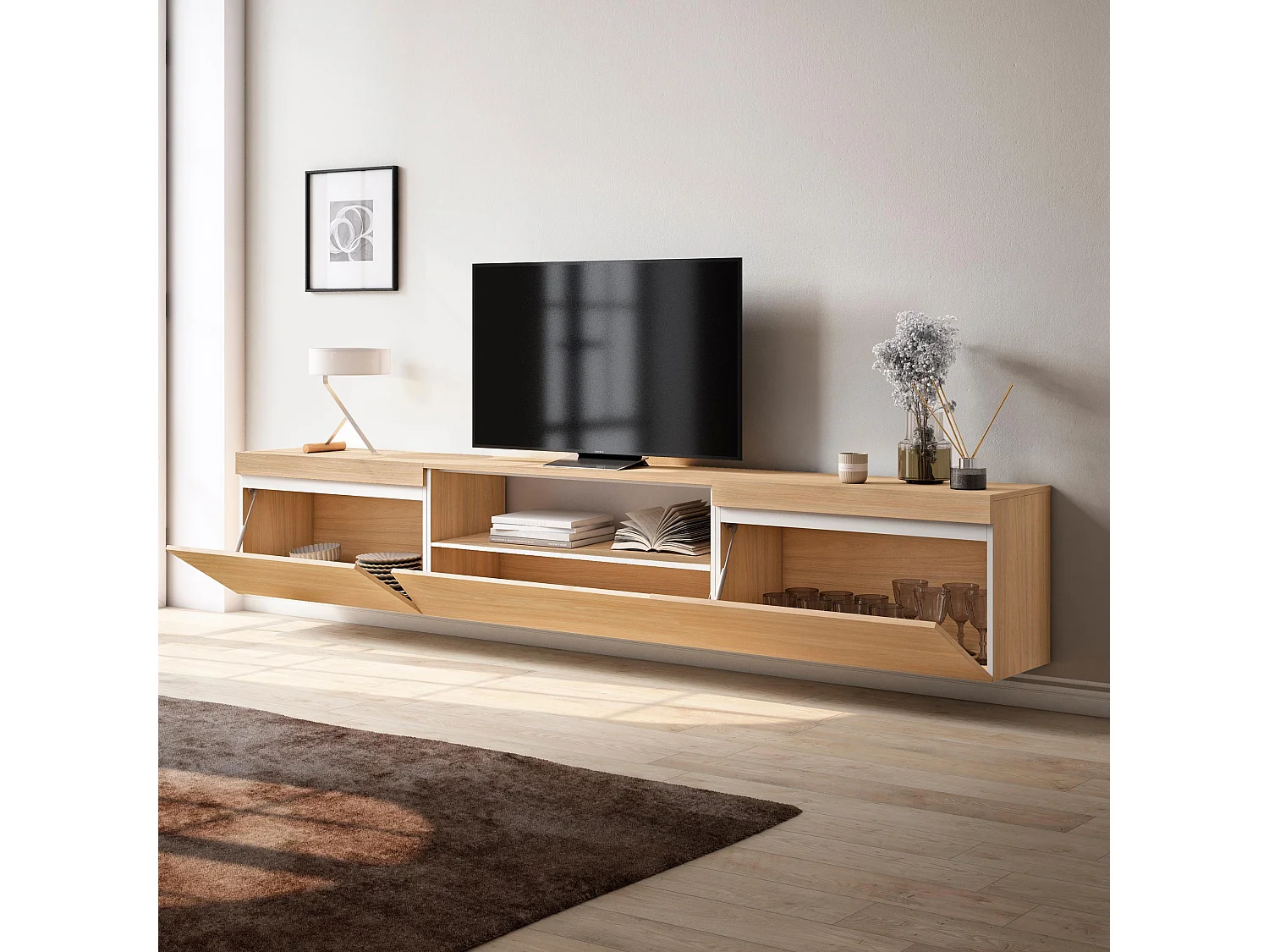 Meuble TV, Banc Télé, 260x35x45cm, TV grand format, Suspendu, Mural, Chêne soft et blanc