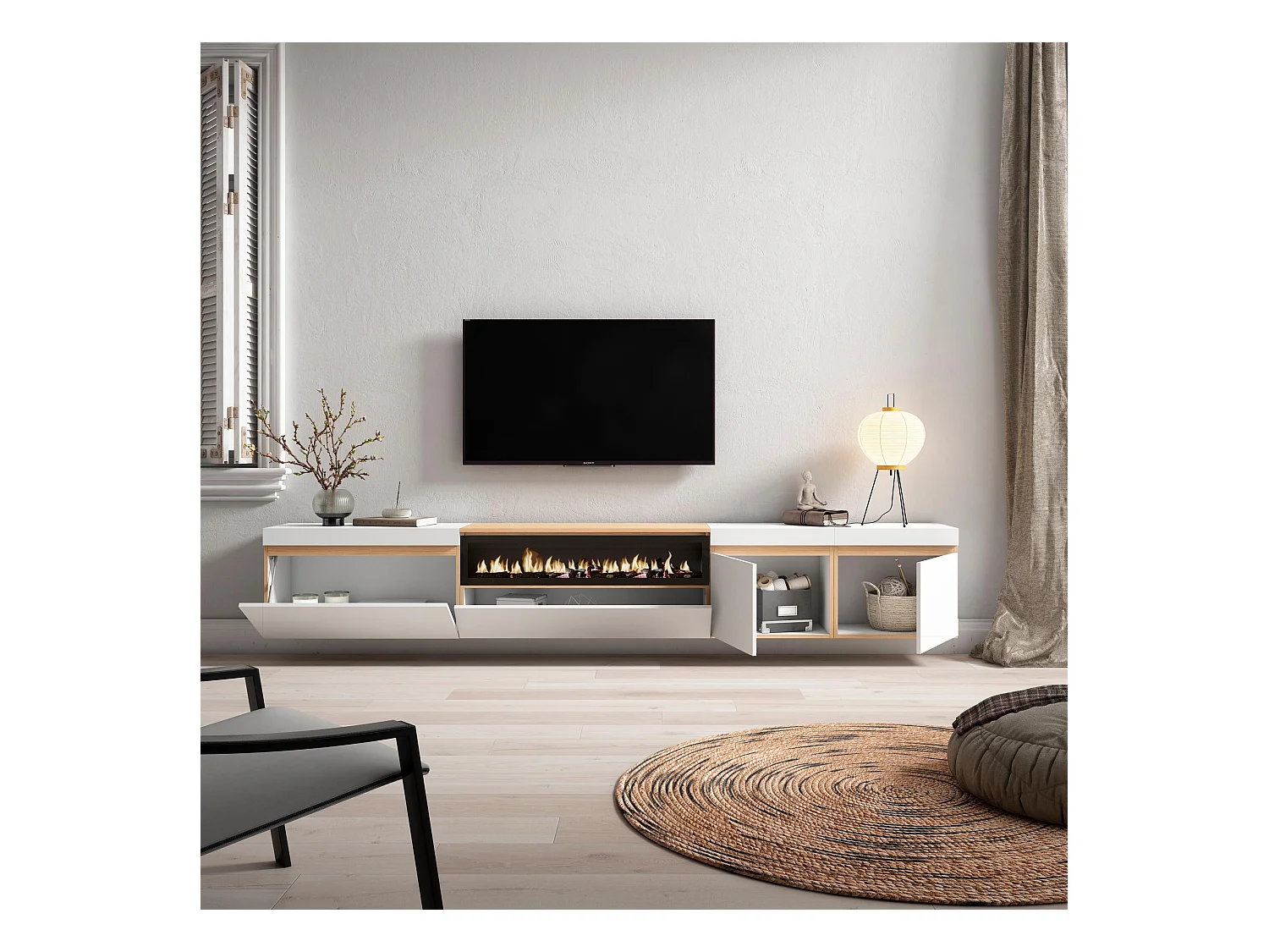 Meuble TV, Banc Télé, 288x35x45 cm, TV grand format, Cheminée électrique, Suspendu, Mural, Blanc et Chêne Soft