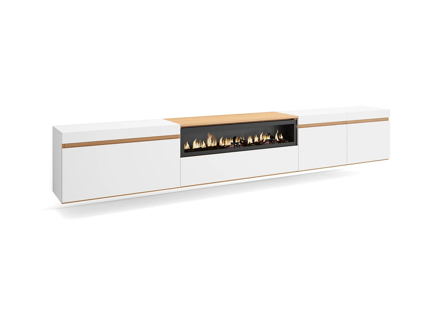 Meuble TV, Banc Télé, 288x35x45 cm, TV grand format, Cheminée électrique, Suspendu, Mural, Blanc et Chêne Soft