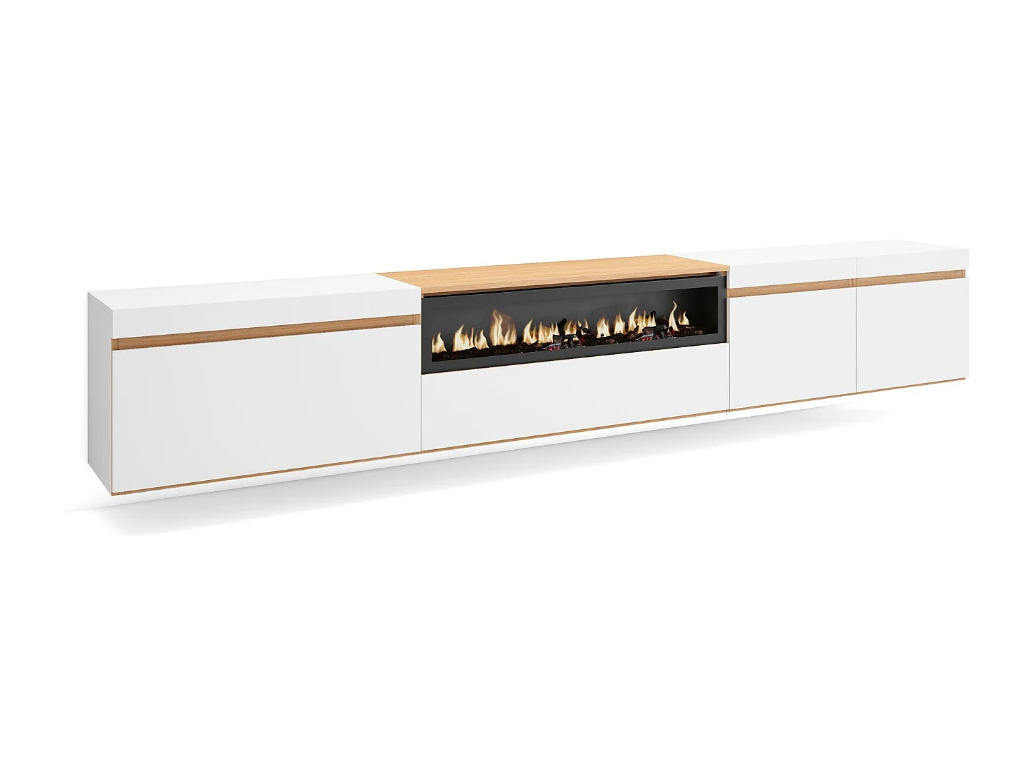 Meuble TV, Banc Télé, 288x35x45 cm, TV grand format, Cheminée électrique, Suspendu, Mural, Blanc et Chêne Soft