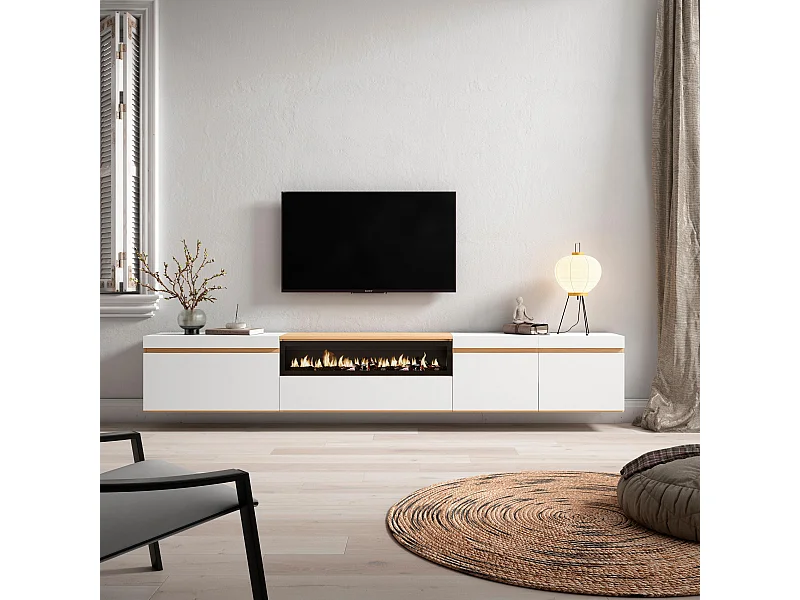 Meuble TV, Banc Télé, 288x35x45cm, TV grand format, Cheminée électrique, Suspendu, Mural, Blanc et Chêne Soft