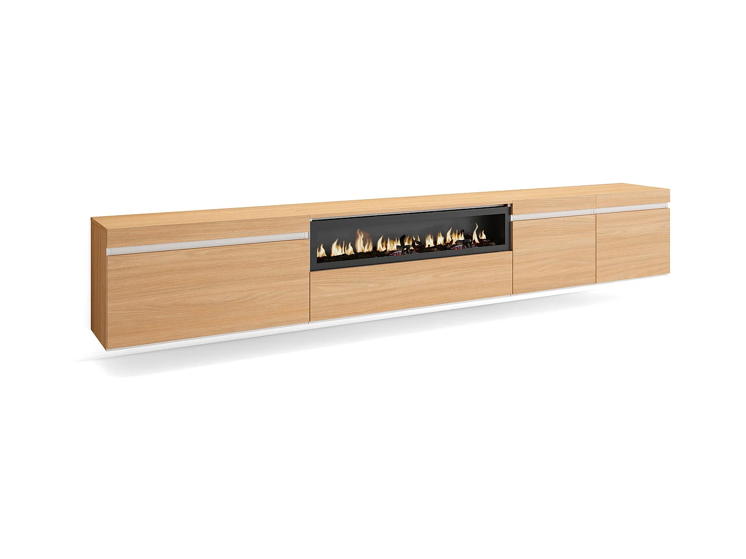 TV-Schrank, Lowboard, 288x35x45 cm, Für großformatiges TV, Elektrokamin., Hängend, Eiche Soft und weiß