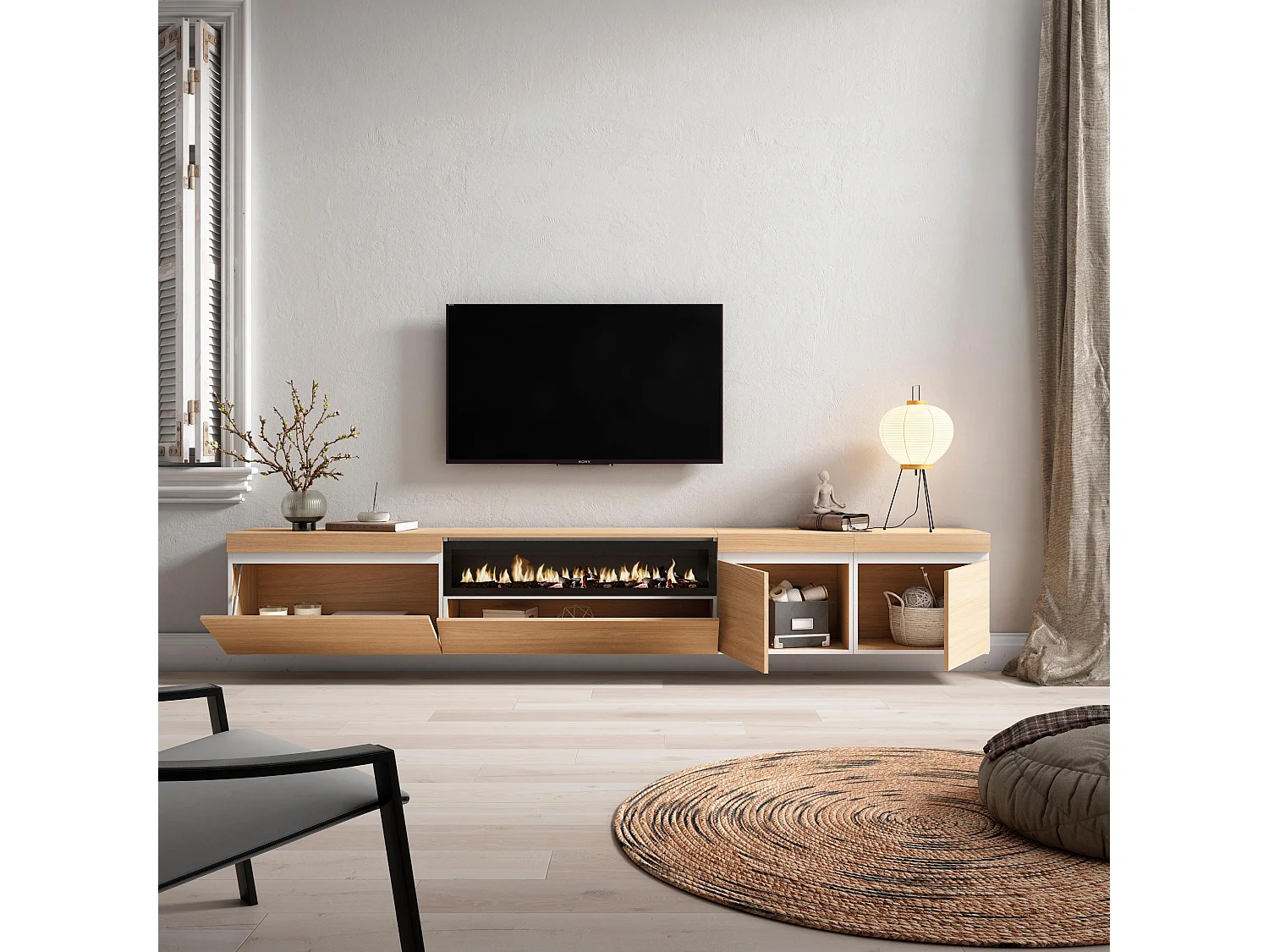 Meuble TV, Banc Télé, 288x35x45 cm, TV grand format, Cheminée électrique, Suspendu, Mural, Chêne soft et blanc