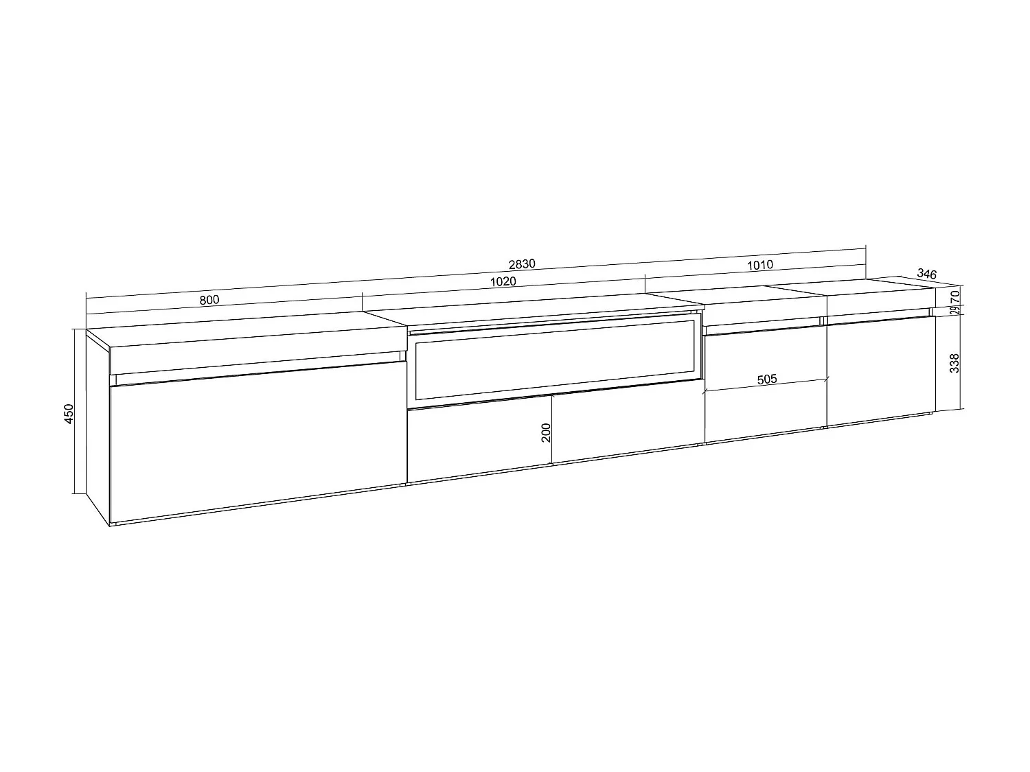 Meuble TV, Banc Télé, 288x35x45 cm, TV grand format, Cheminée électrique, Suspendu, Mural, Chêne soft et blanc