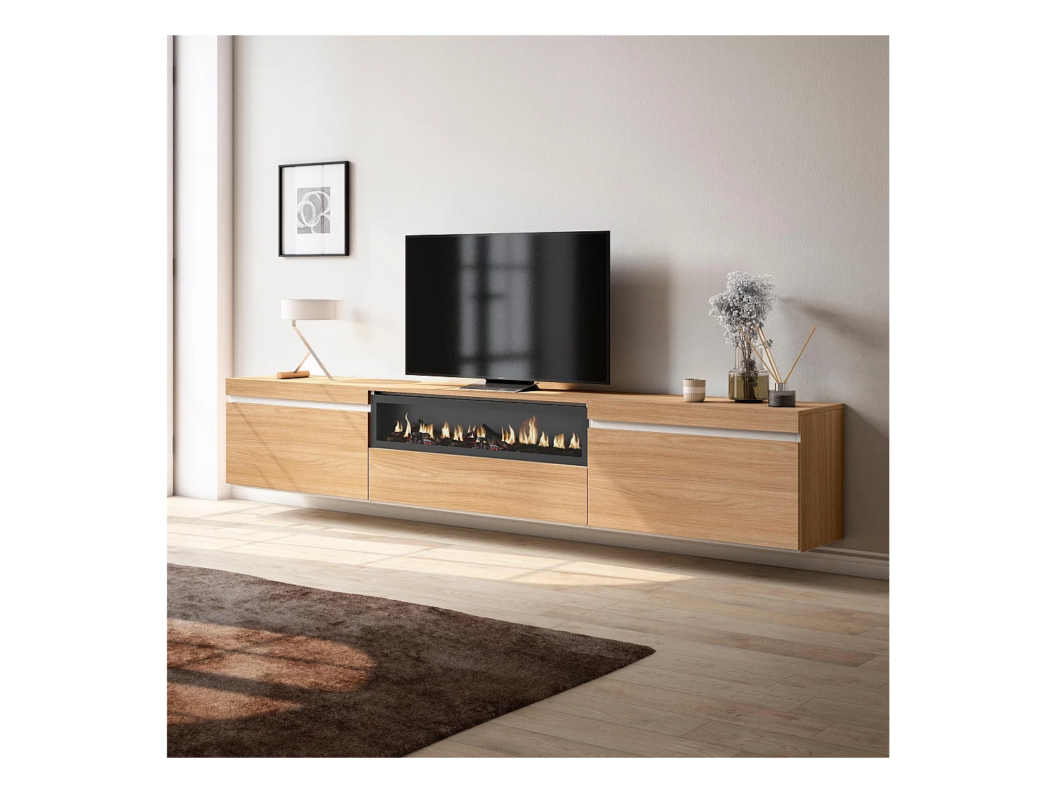 Meuble TV, Banc Télé, 260x35x45cm, TV grand format, Cheminée électrique, Suspendu, Mural, Chêne soft et blanc