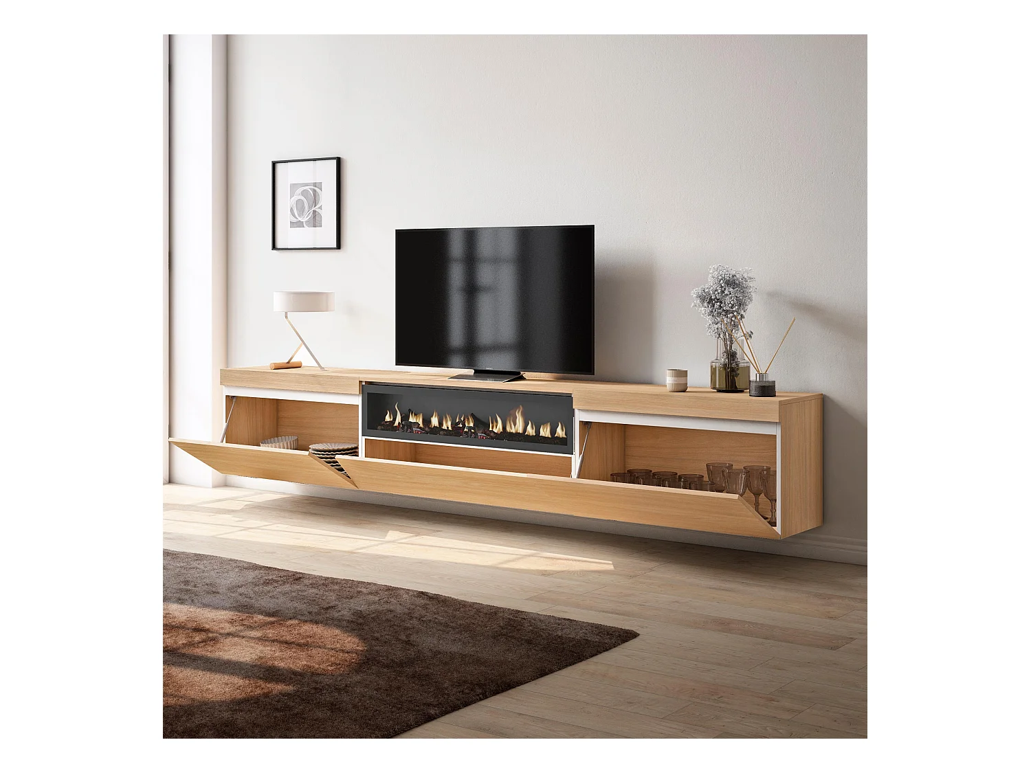 Meuble TV, Banc Télé, 260x35x45cm, TV grand format, Cheminée électrique, Suspendu, Mural, Chêne soft et blanc