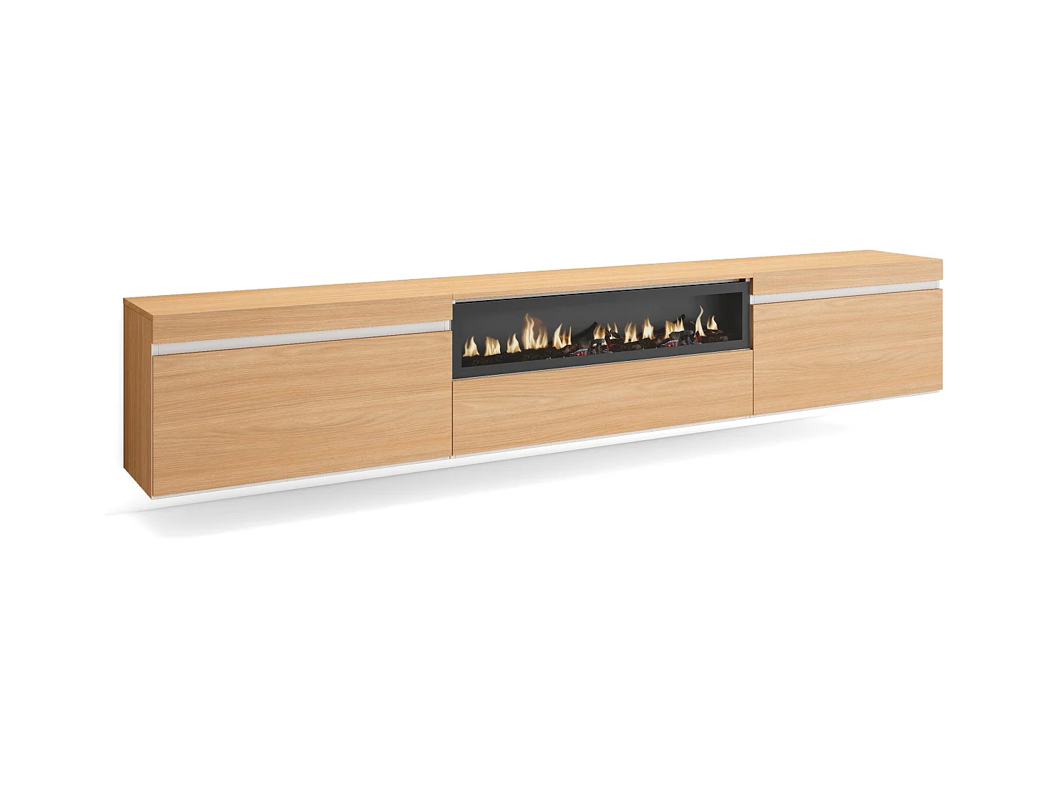 TV-Meubel, Lowboard, 260x45x35cm, Groot formaat TV, Elektrische haard, Hangend, Eiken soft en Wit