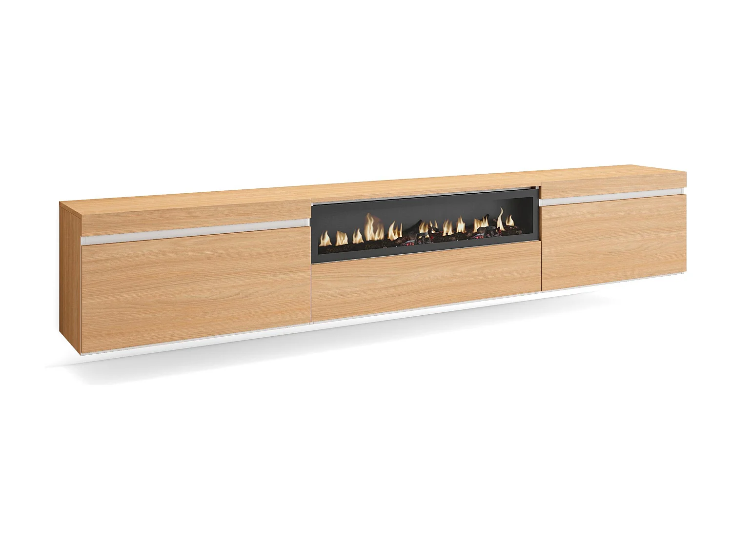 Meuble TV, Banc Télé, 260x35x45cm, TV grand format, Cheminée électrique, Suspendu, Mural, Chêne soft et blanc