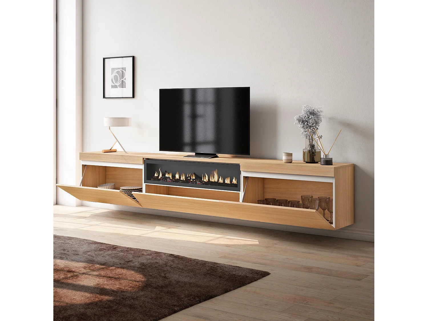 Meuble TV, Banc Télé, 260x35x45cm, TV grand format, Cheminée électrique, Suspendu, Mural, Chêne soft et blanc