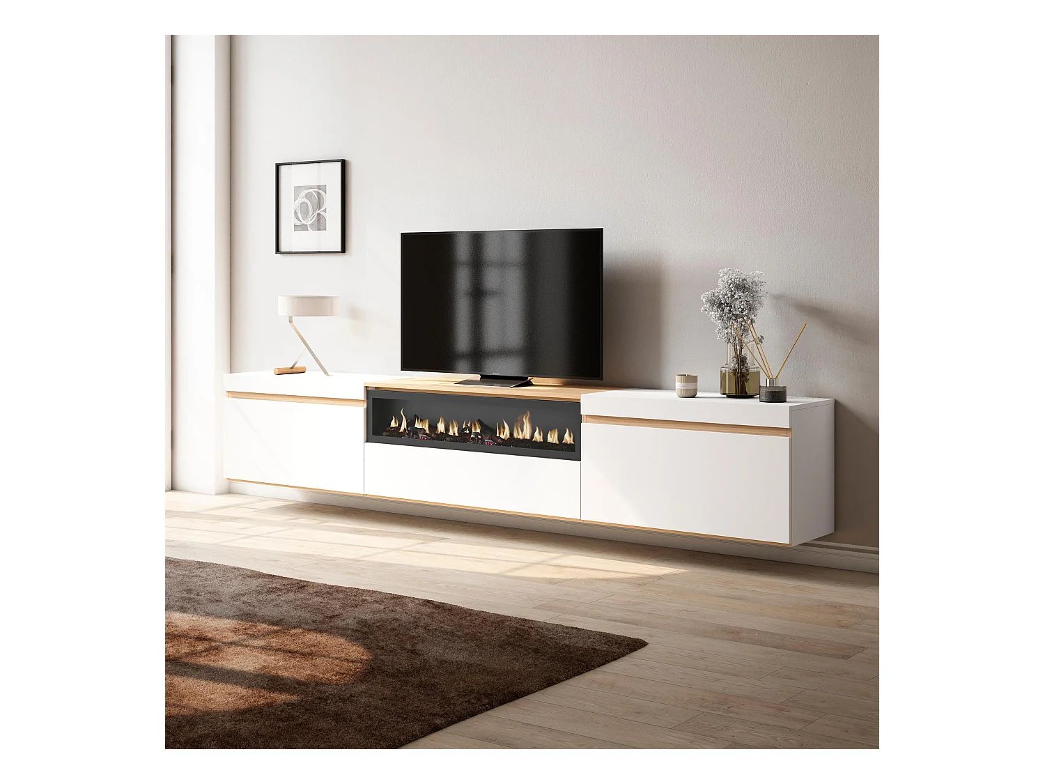 Meuble TV, Banc Télé, 260x35x45cm, TV grand format, Cheminée électrique, Suspendu, Mural, Blanc et Chêne Soft