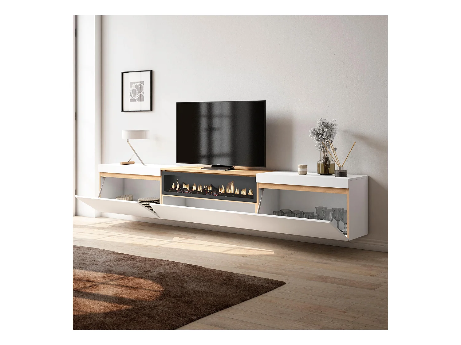 Meuble TV, Banc Télé, 260x35x45cm, TV grand format, Cheminée électrique, Suspendu, Mural, Blanc et Chêne Soft