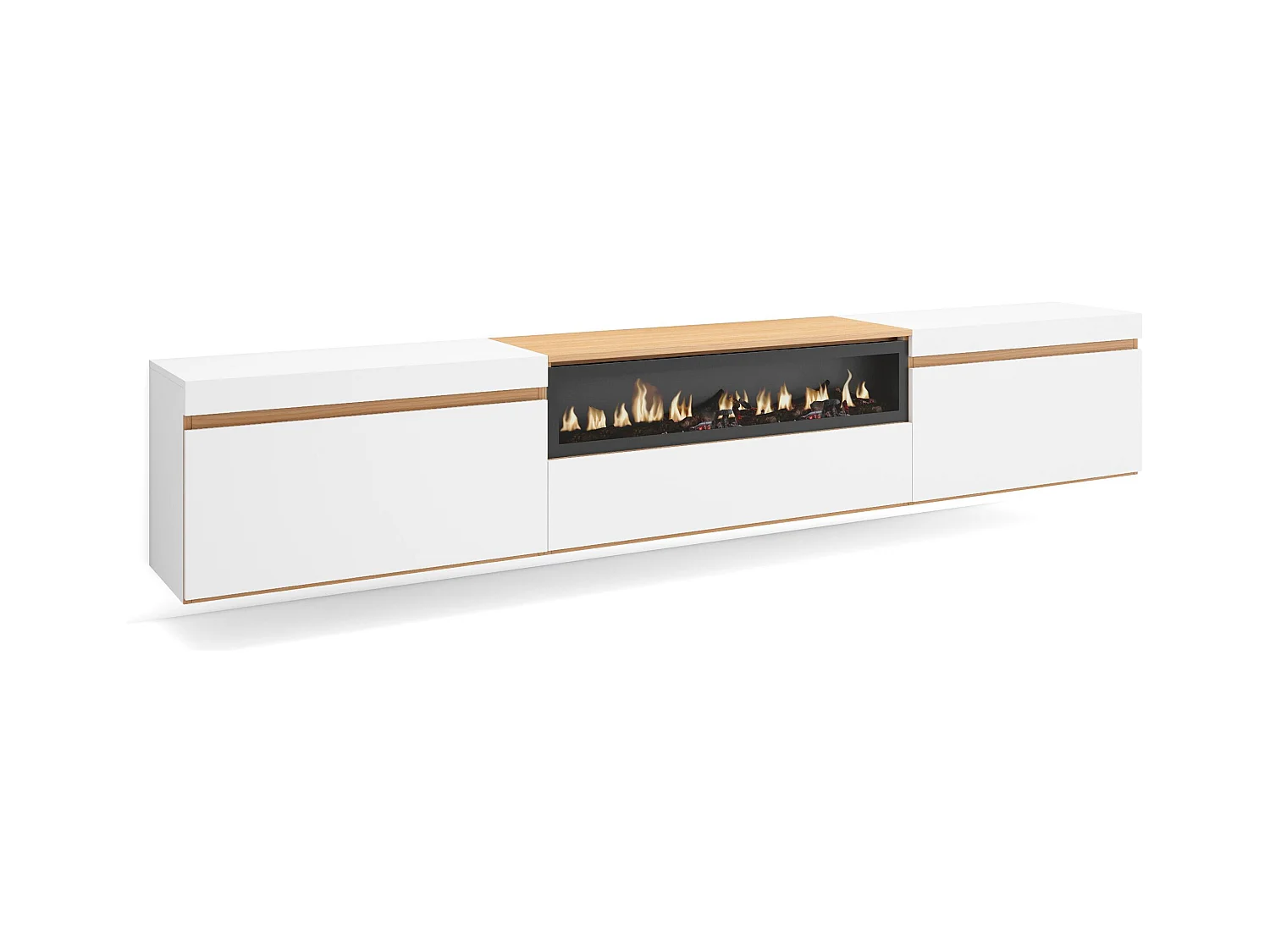 Meuble TV, Banc Télé, 260x35x45cm, TV grand format, Cheminée électrique, Suspendu, Mural, Blanc et Chêne Soft