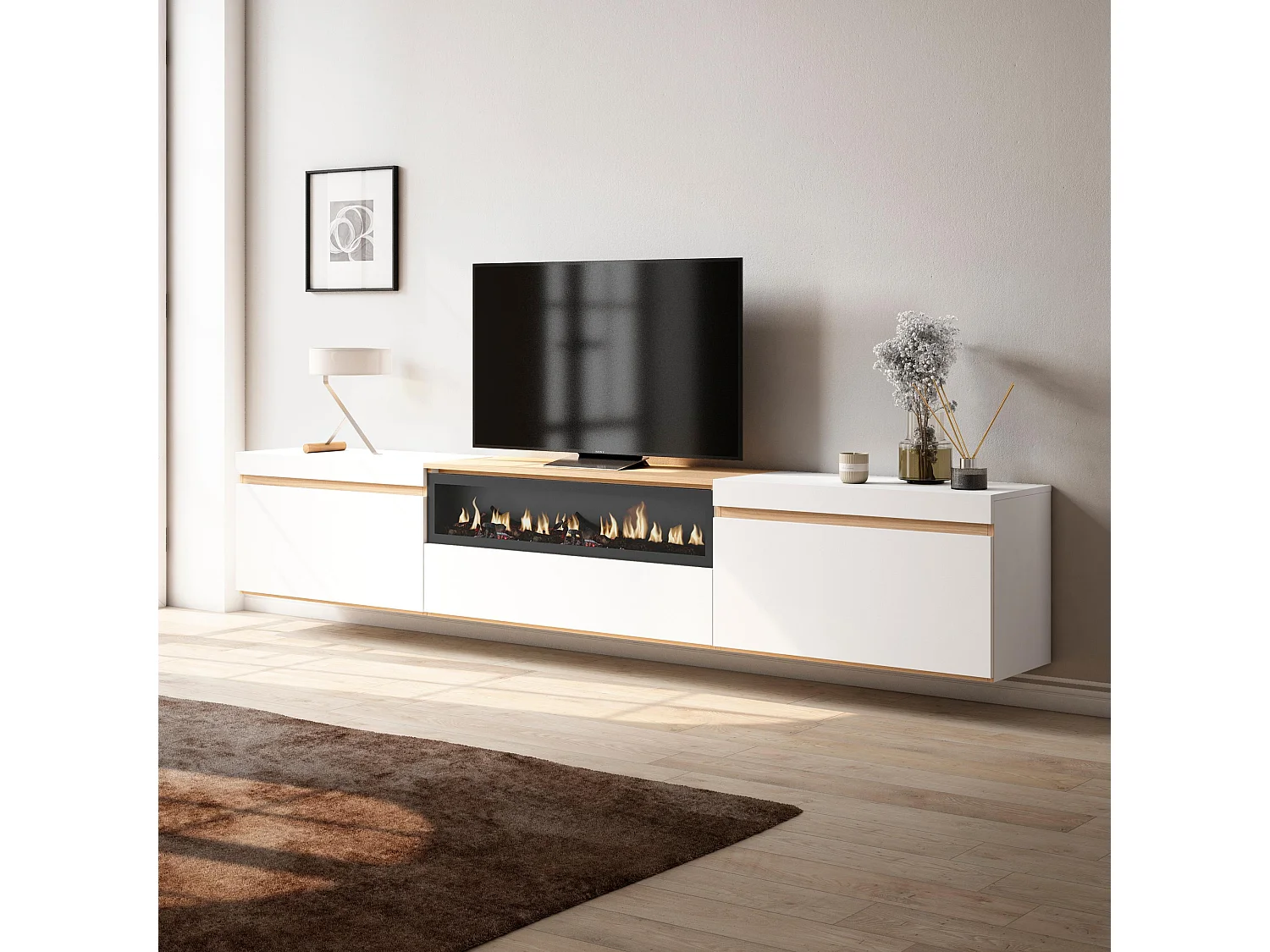 Mobile TV Soggiorno, 260x35x45cm, TV di grande formato, Camino elettrico, Sospeso, da appendere, Bianco e Rovere soft