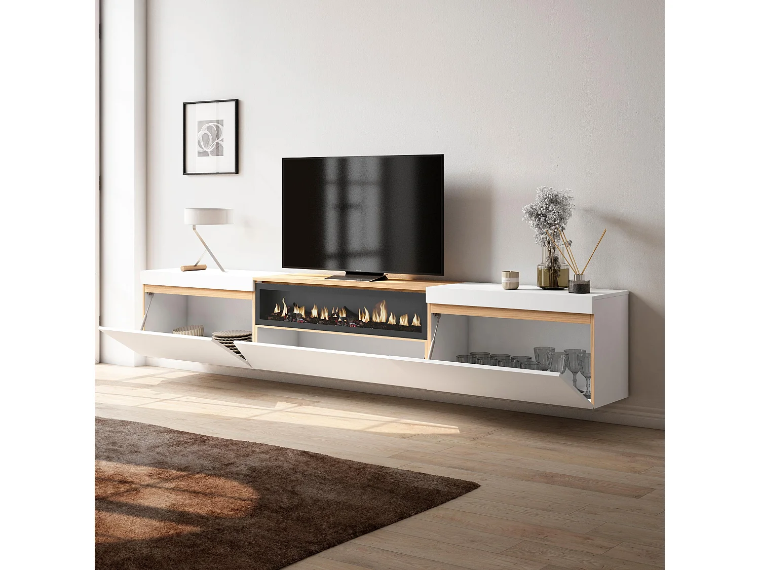 Mobile TV Soggiorno, 260x35x45cm, TV di grande formato, Camino elettrico, Sospeso, da appendere, Bianco e Rovere soft