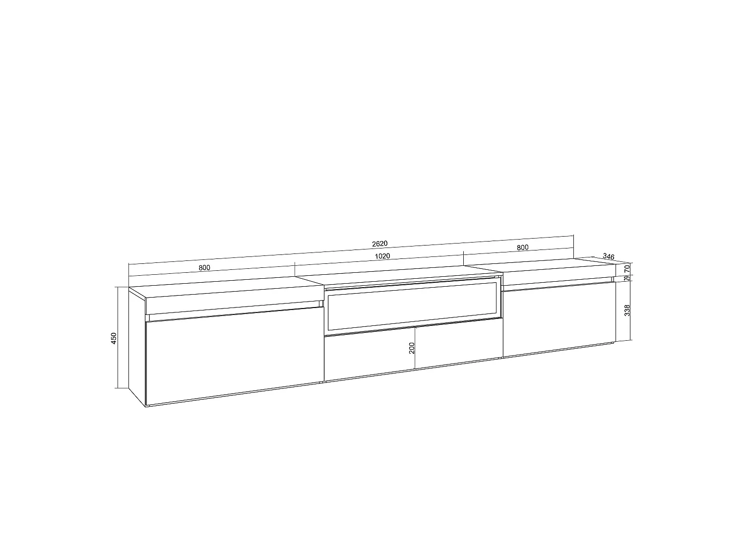 Mobile TV Soggiorno, 260x35x45cm, TV di grande formato, Camino elettrico, Sospeso, da appendere, Bianco e Rovere soft
