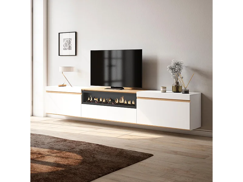 TV-Meubel, Lowboard, 260x35x45cm, Groot formaat TV, Elektrische haard, Hangend, Wit en Eiken soft