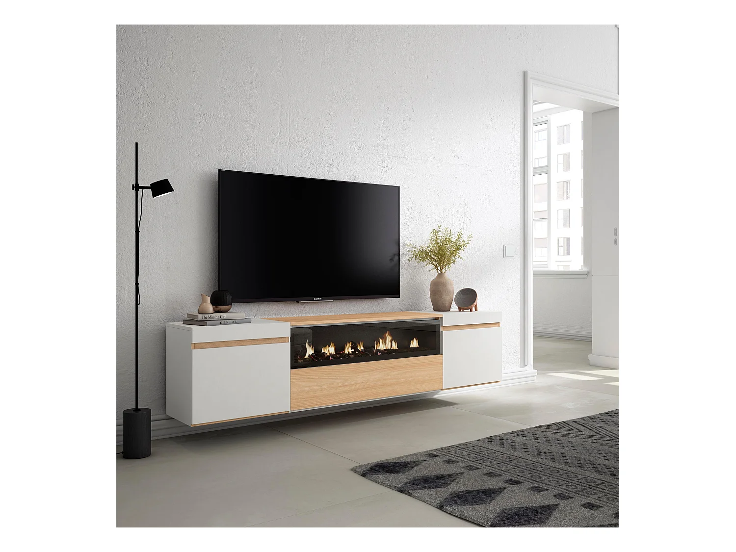 Meuble TV, Banc Télé, 200x35x45cm, Pour les TV jusqu'à 80", Cheminée électrique, Suspendu, Mural, Chêne soft et blanc