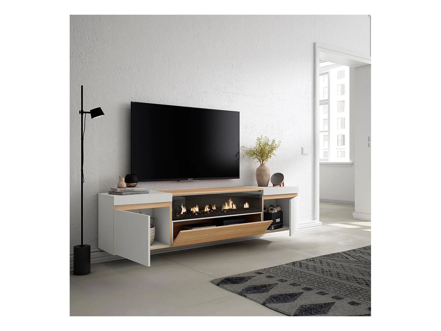 Meuble TV, Banc Télé, 200x35x45cm, Pour les TV jusqu'à 80", Cheminée électrique, Suspendu, Mural, Chêne soft et blanc