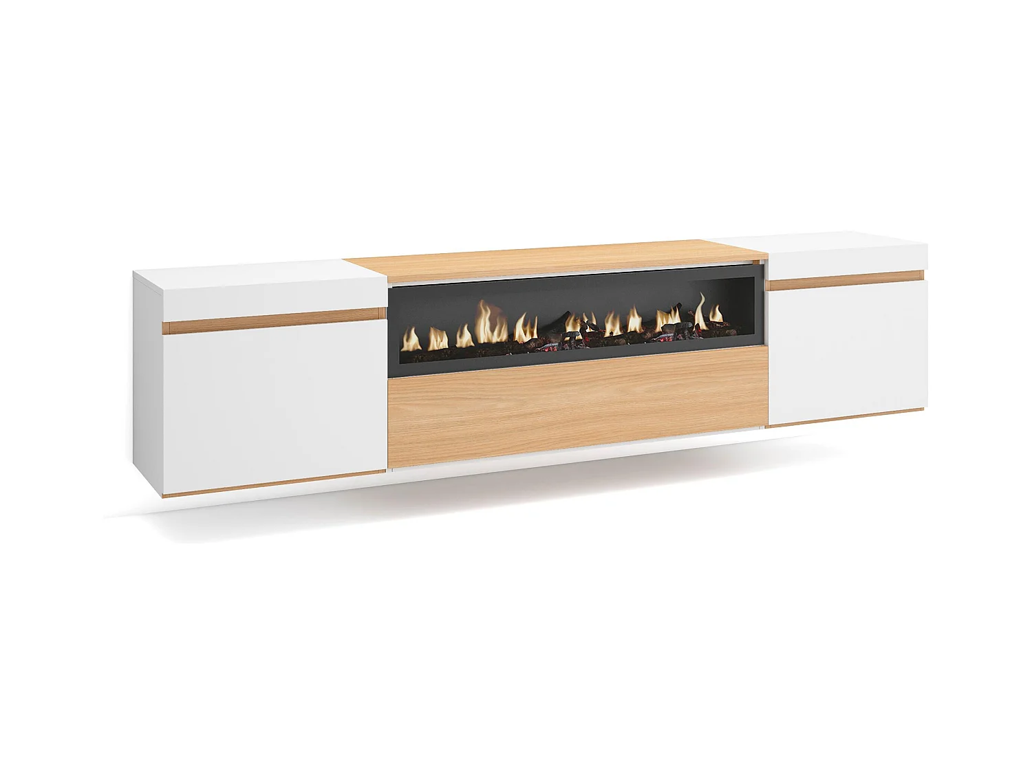 Meuble TV, Banc Télé, 200x35x45cm, Pour les TV jusqu'à 80", Cheminée électrique, Suspendu, Mural, Chêne soft et blanc