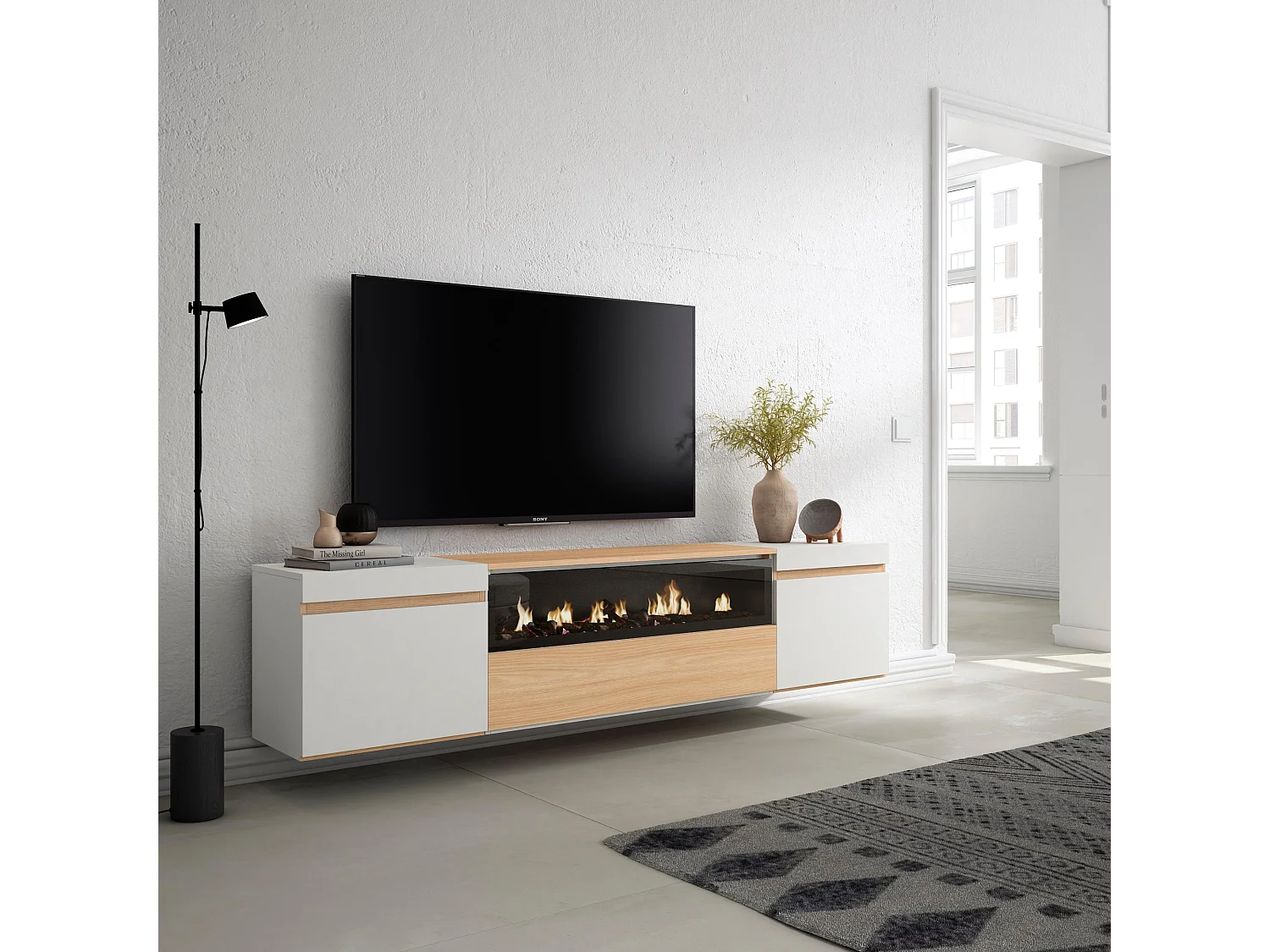 Meuble TV, Banc Télé, 200x35x45cm, Pour les TV jusqu'à 80", Cheminée électrique, Suspendu, Mural, Chêne soft et blanc