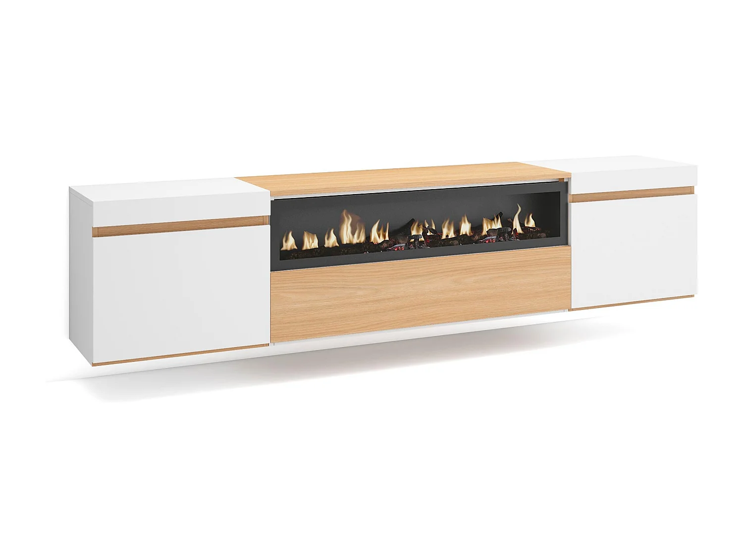 Meuble TV, Banc Télé, 200x35x45cm, Pour les TV jusqu'à 80", Cheminée électrique, Suspendu, Mural, Chêne soft et blanc