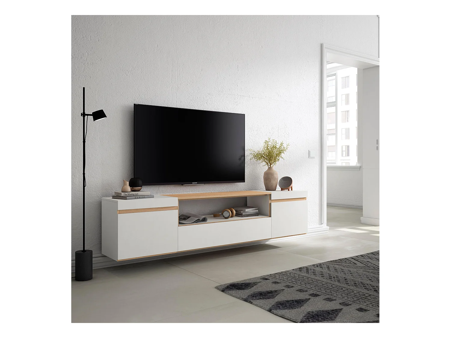 Meuble TV, Banc Télé, 200x35x45cm, Pour les TV jusqu'à 80", Suspendu, Mural, Blanc et Chêne Soft