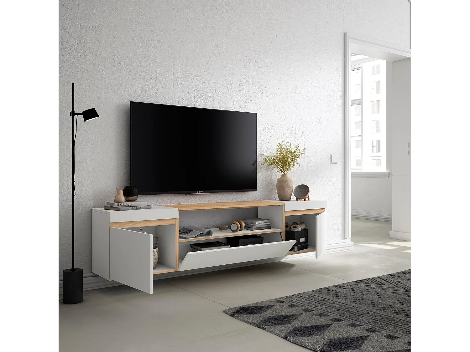 Meuble TV, Banc Télé, 200x35x45cm, Pour les TV jusqu'à 80", Suspendu, Mural, Blanc et Chêne Soft