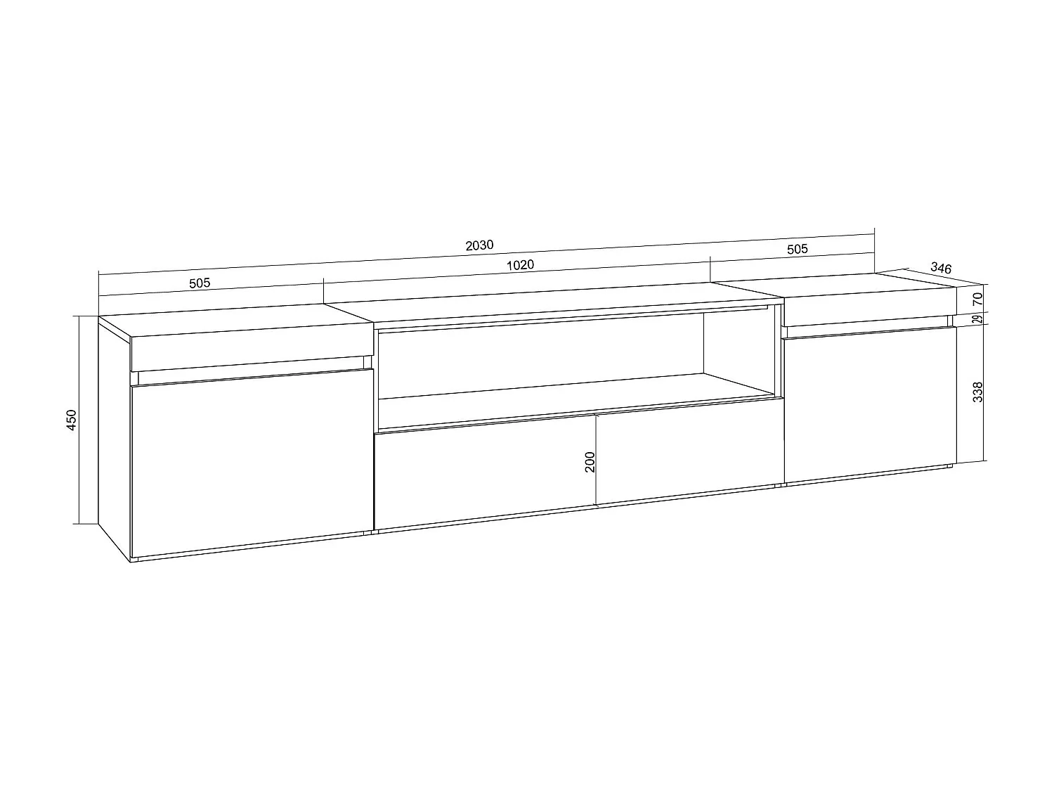 Meuble TV, Banc Télé, 200x35x45cm, Pour les TV jusqu'à 80", Suspendu, Mural, Blanc et Chêne Soft
