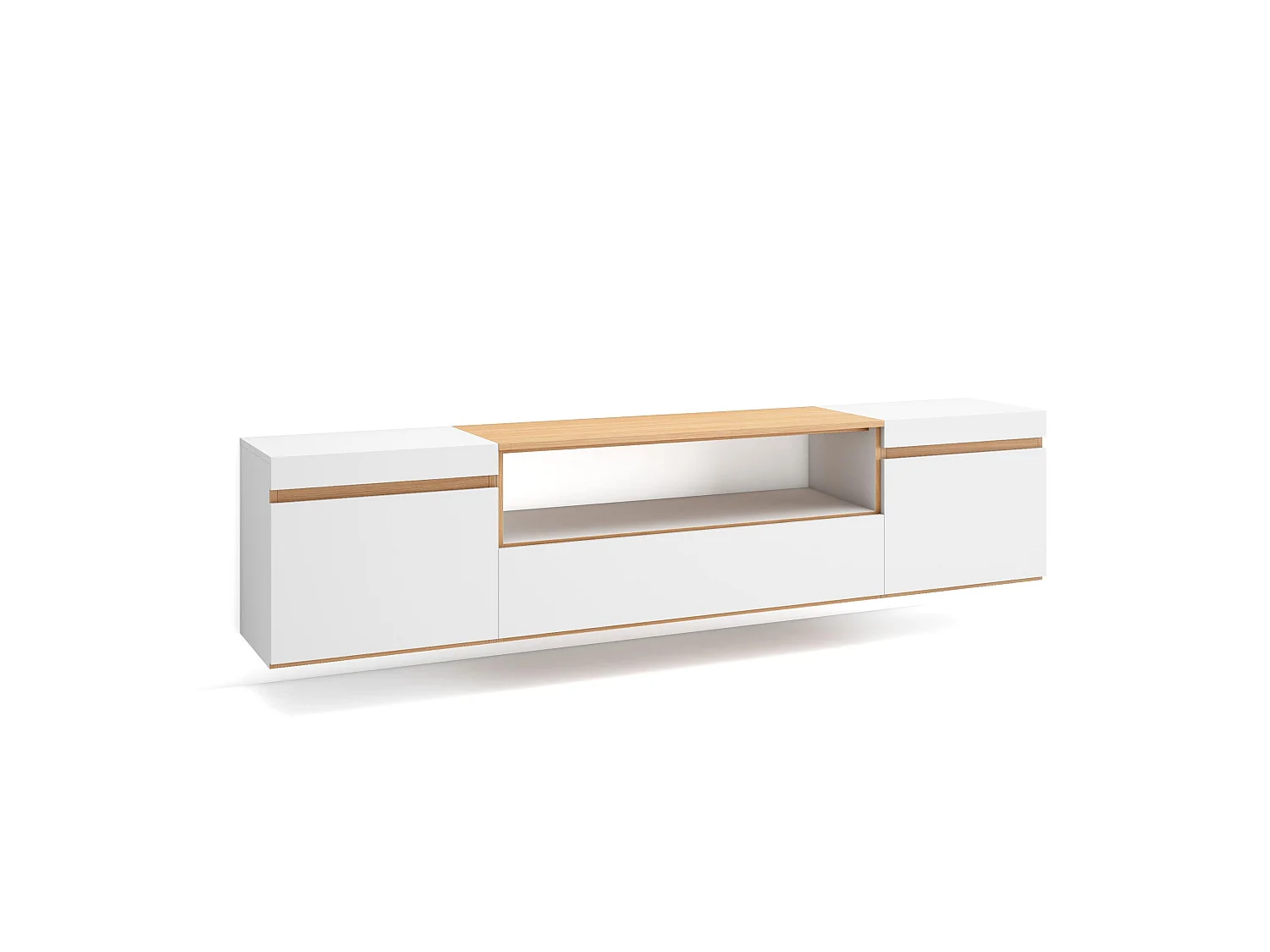 Meuble TV, Banc Télé, 200x35x45cm, Pour les TV jusqu'à 80", Suspendu, Mural, Blanc et Chêne Soft