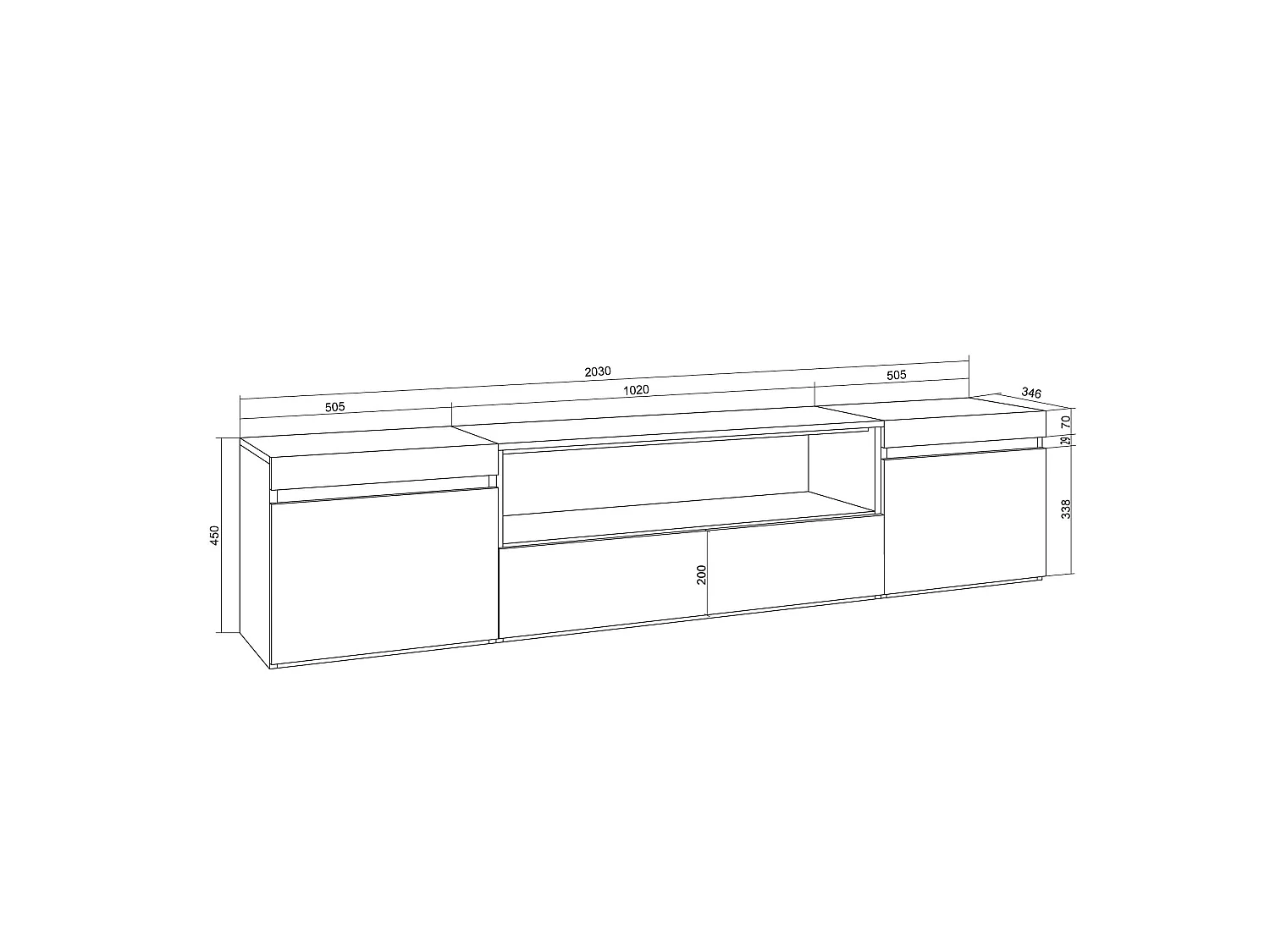 Meuble TV, Banc Télé, 200x35x45cm, Pour les TV jusqu'à 80", Suspendu, Mural, Blanc et Chêne Soft