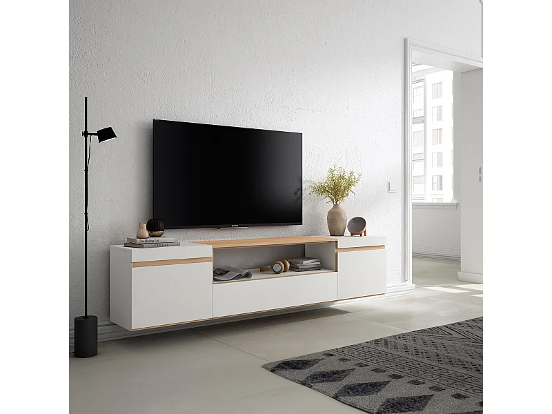 Mobile TV Soggiorno, 200x35x45cm, Per TV fino a 80", Sospeso, da appendere, Bianco e Rovere soft