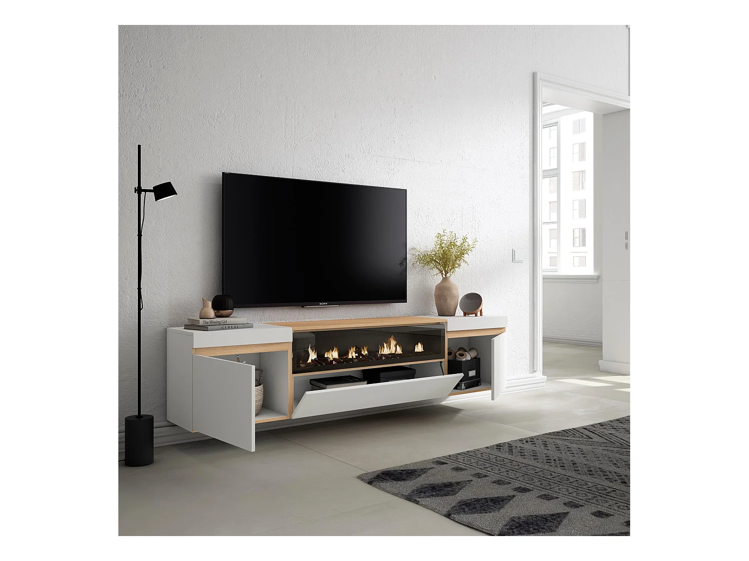 Meuble TV, Banc Télé, 200x35x45cm, Pour les TV jusqu'à 80", Cheminée électrique, Suspendu, Mural, Blanc et Chêne Soft